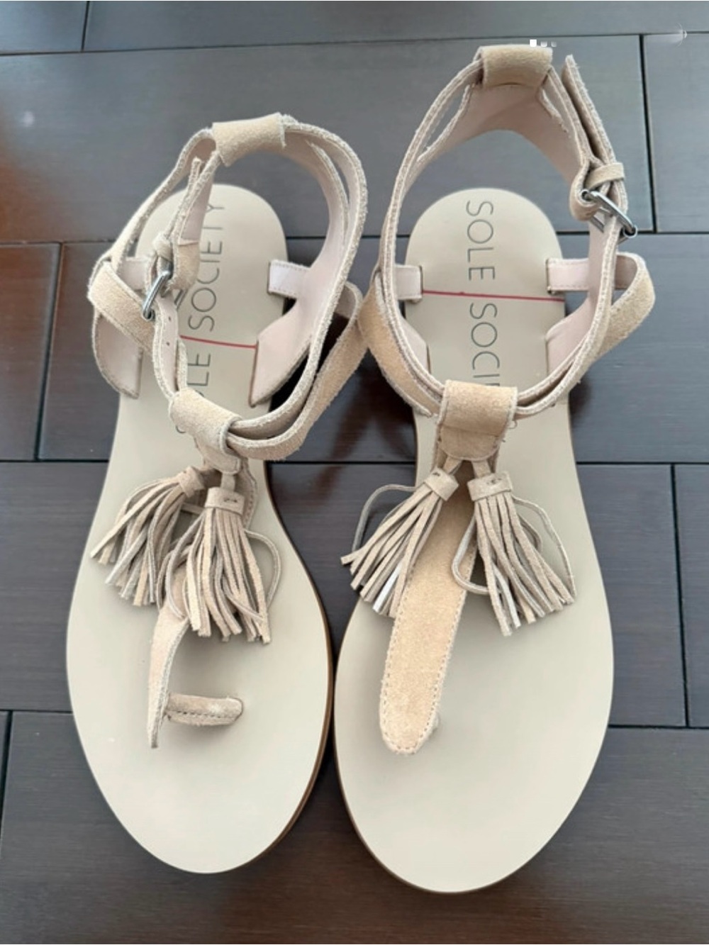 Sole Society Beige Tassel T-Strap Sandals